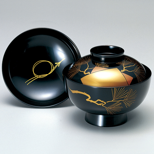 吸物椀 色紙老松 黒 木製 漆塗り 12-00401 漆器の井助