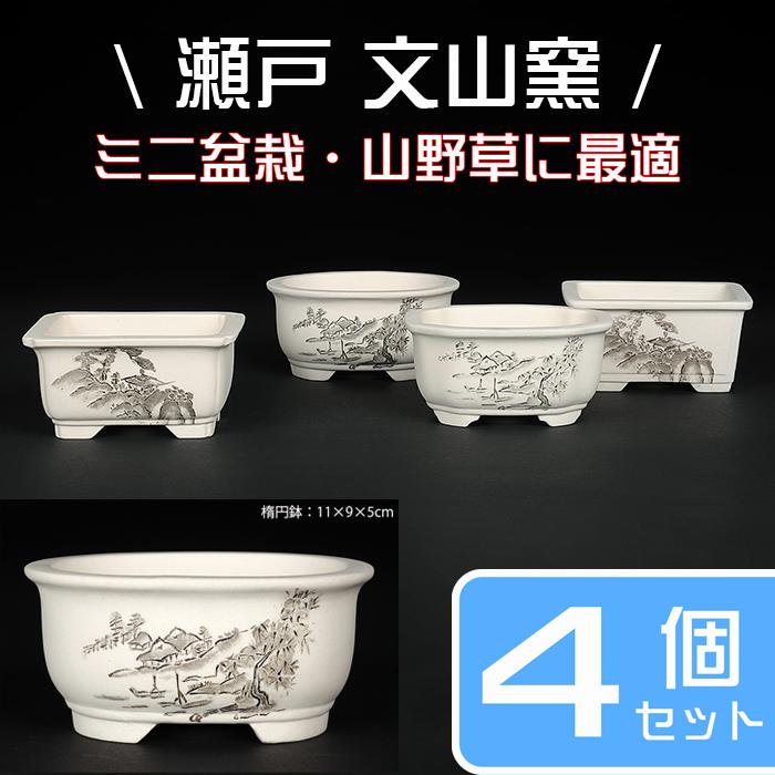 盆栽鉢 植木鉢 「瀬戸焼文山窯絵付鉢4点セット」 絵鉢 絵付鉢 3号10cm