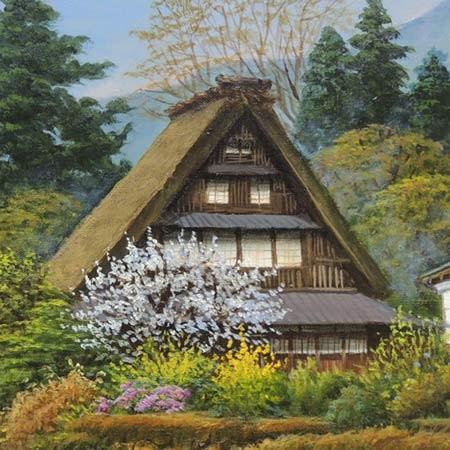 絵画 油絵 富山県五箇山 F20号 （四方道夫） 【海・山】【肉筆】【油絵