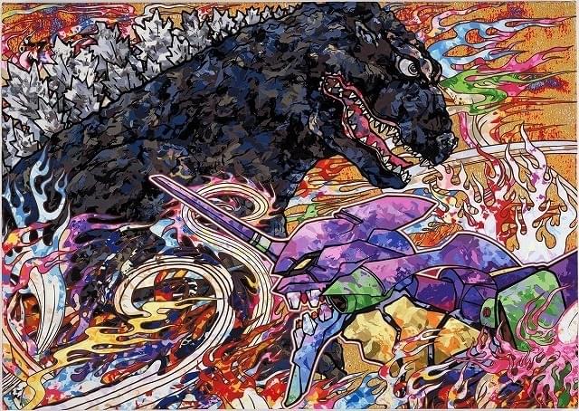 村上隆が描く「ゴジラ対エヴァンゲリオン」新ビジュアル披露！日本画