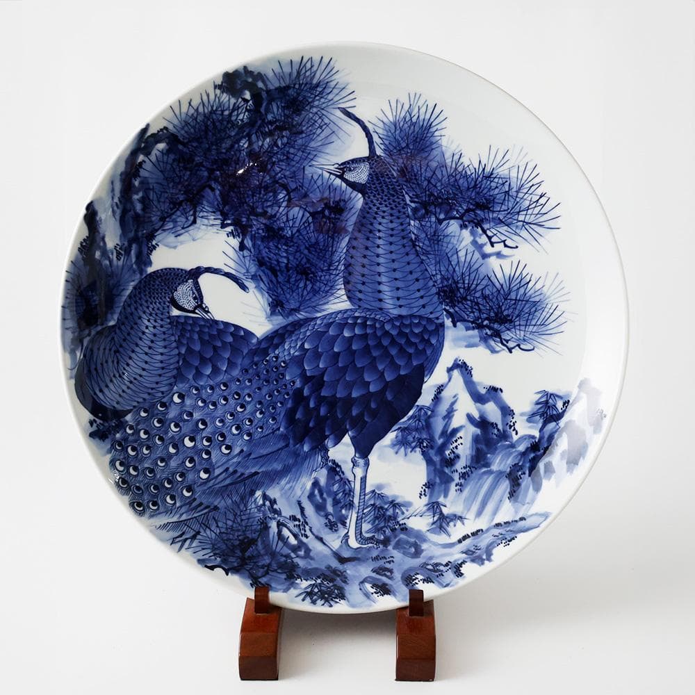 華山作 1尺5寸 染付 大皿 松 双雉図 飾皿 床の間飾 45㎝ 縁起物 本日特別 H091 白磁藍染付 忠山作 松に猪牙舟図 一尺四寸大皿 飾り大皿