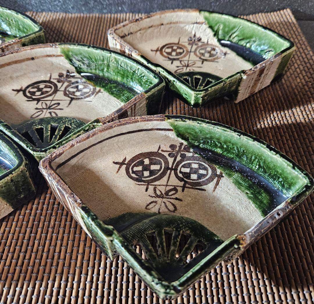 織部焼 織部茶陶 名工 山口茂 作 織部釉鉄絵 扇面 深向付 小鉢5客