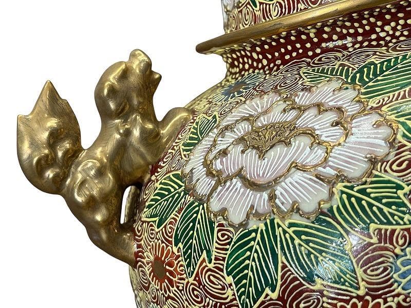 専用 九谷焼 金彩色絵 花尽し 花詰文 獅子摘 金襴手 大香炉 約46cm