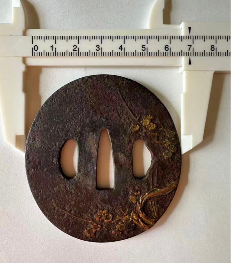 鍔 鉄地 象嵌 鐔 鉄地つば 梅の花 図 刀装具 古美術 時代物 X26E