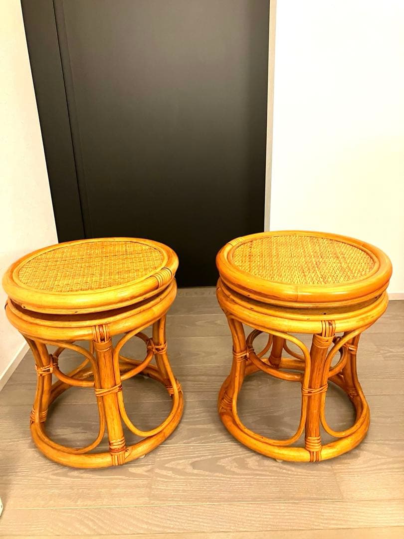 良品 天然ラタン 回転スツール2脚セット 昭和レトロ 丸椅子 椅子 ヴィンテージ NEW天然籐スツール ラタンスツール 籐スツール 木製スツール 丸