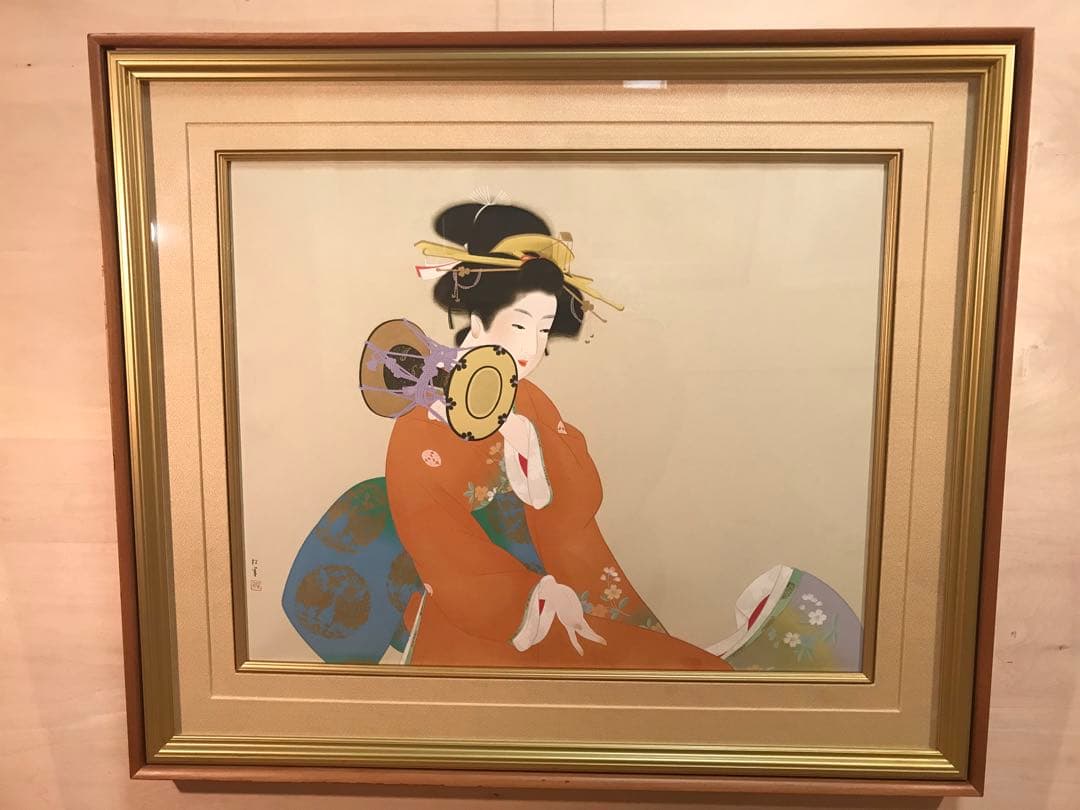上村松園 「鼓の音」 シルクスクリーン 作品証明シール有り上村松園