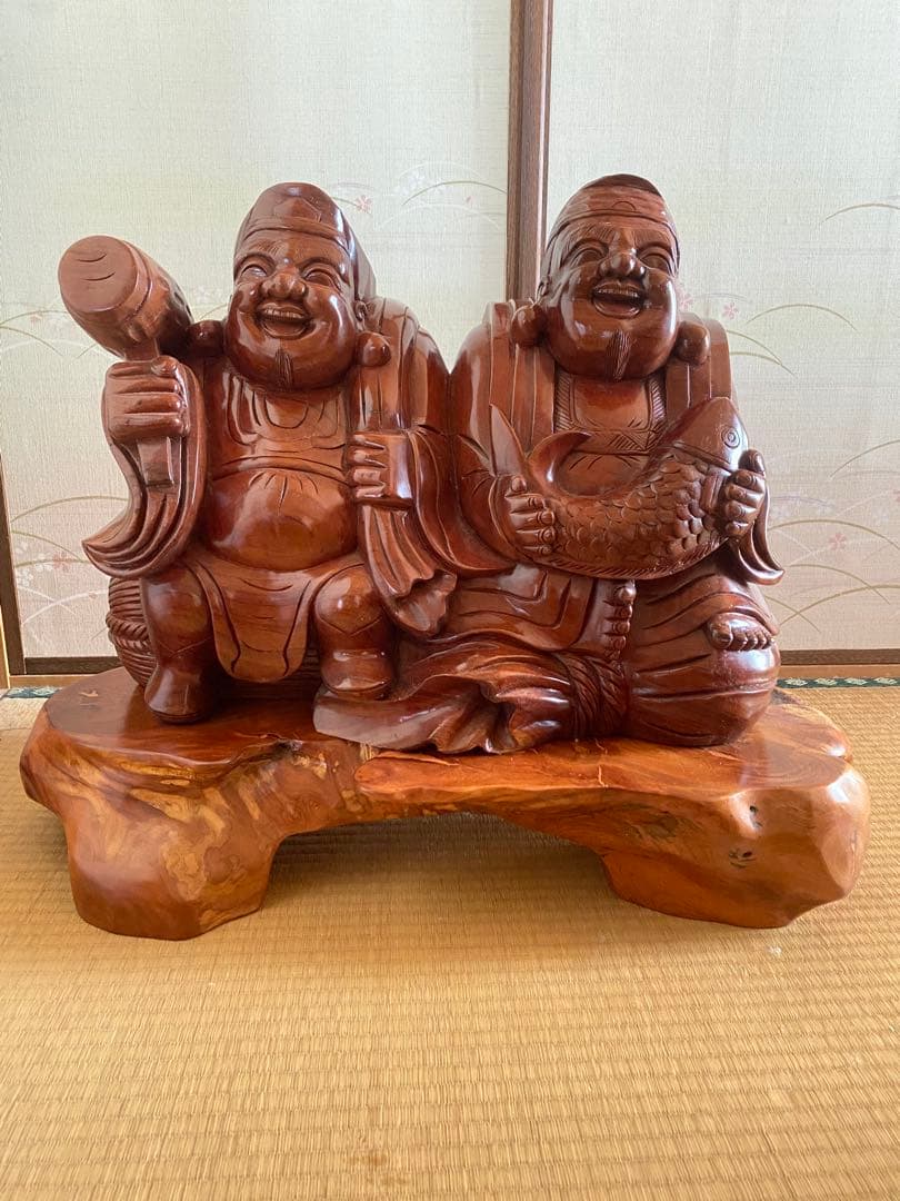 恵比寿と大黒天の木像　七福神　商売繁盛　大漁　財福　骨董　台座付　特大 七福神 恵比寿様 大黒天様 商売繁盛 開運 風水 縁起物 骨董品 置物