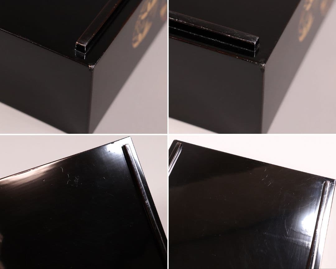 漆芸 木製漆器 丸に草花図 金蒔絵 二段重 重台 黒塗 朱塗 重箱【MA171