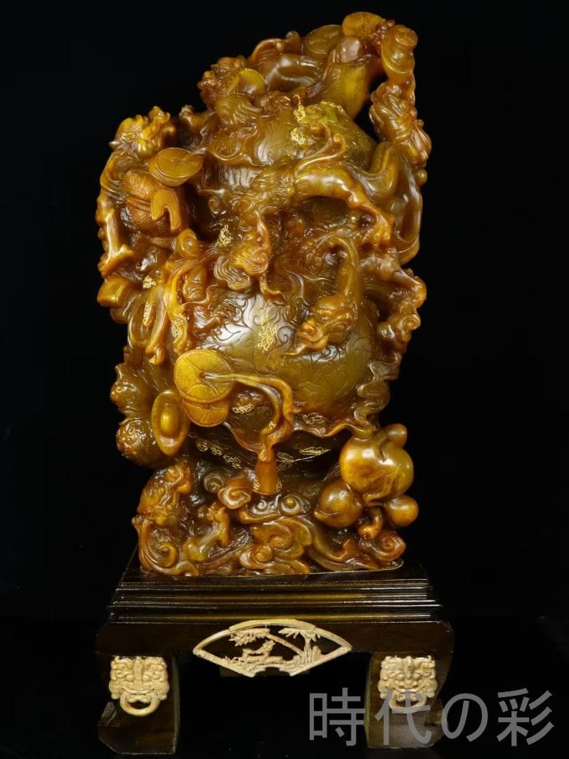 中国古美術【寿山田黄石 招財進宝】滄朋作款 旧蔵重器 11.61kg 鏤空 在銘