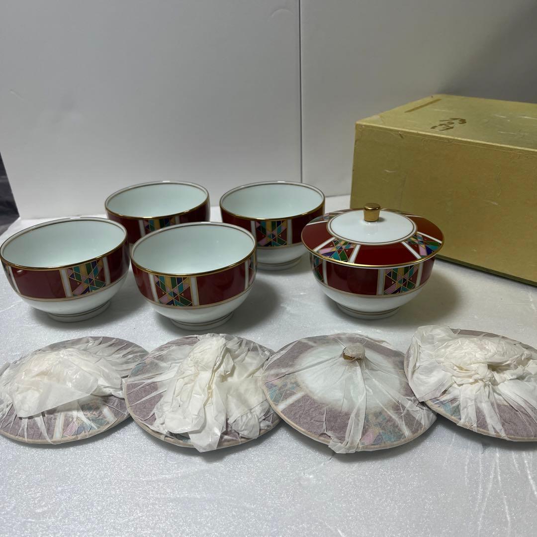 新品❤️乃りたけ　金　レトロ　幾何学模様　湯呑 ５客 蓋付き　ノリタケ　京花菱 Noritake - オールドノリタケ 蓋付き湯呑 朱赤 白菊 使用レトロ 直し