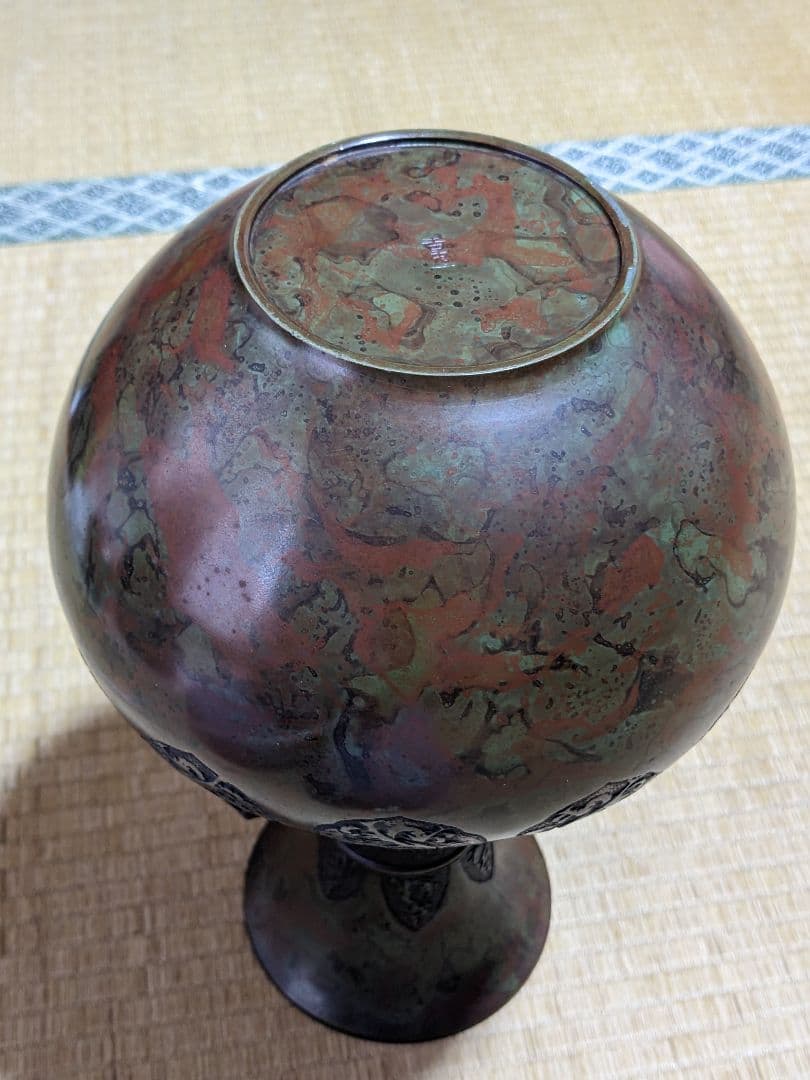 ♢高岡銅器 能作吉秀作 斑銅 鋸歯 鳳凰 饕餮地紋 龍双耳花瓶 花器置物