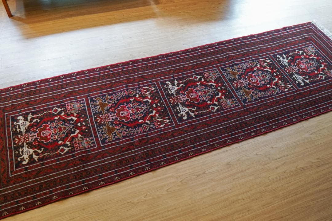 アフガニスタン手織り絨毯 ビルジク 292×89cm ランナー トライバルラグ アンティーク ミフラブデザイン オールド手織り絨毯 アフガニスタン