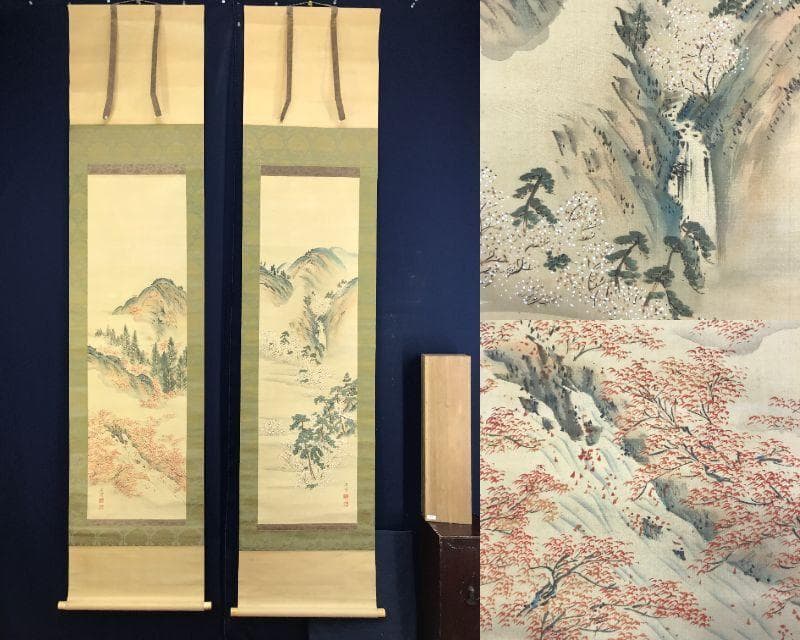 真作/森寛斎/春秋山水図/紅葉図/桜花図/双幅/対幅/掛軸☆宝船☆AH-534 真作/森寛斎/春秋山水図/紅葉図/桜花図/双幅/対幅/掛軸☆宝船☆AH-534