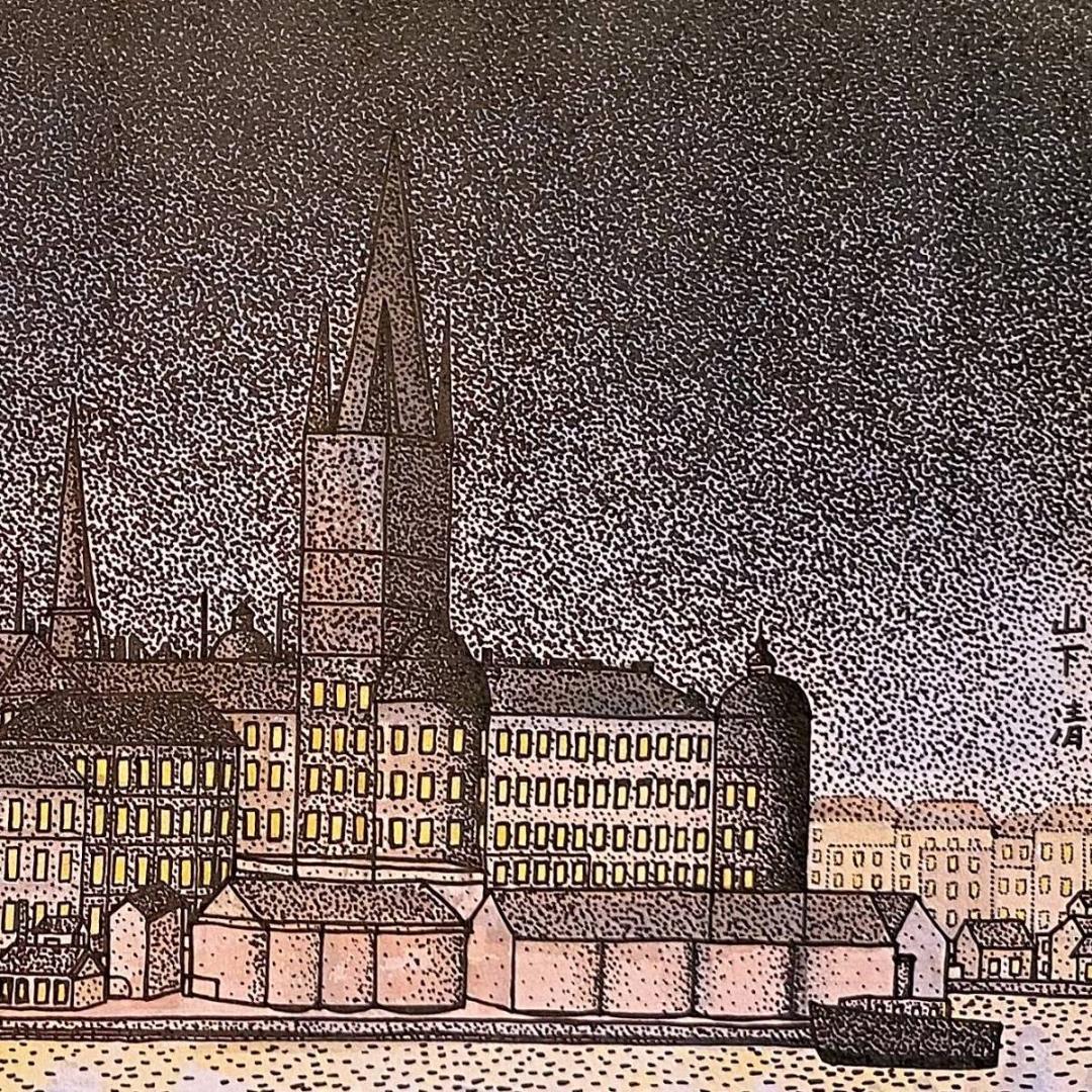 山下清、【ストックホルムの夜景】、希少な額装用画集より、新品額装付