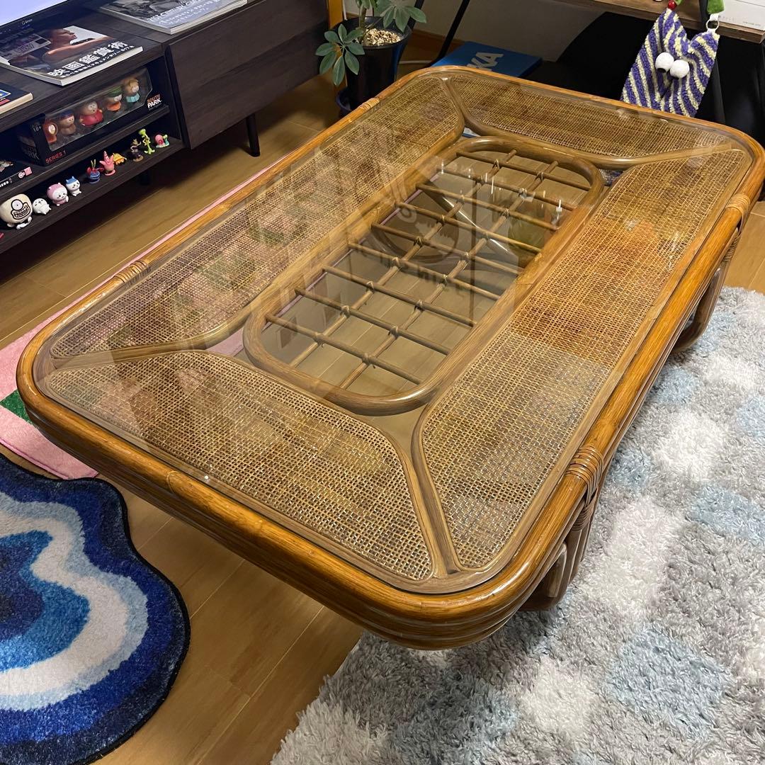 センターテーブル・ローテーブル Vintage Rattan and Glass Top Table s-l1200.jpg