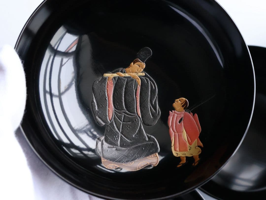 MB197】輪島塗 天然木漆塗 黒塗椀 五客 蒔絵 大和絵 源氏絵 人物 昭和