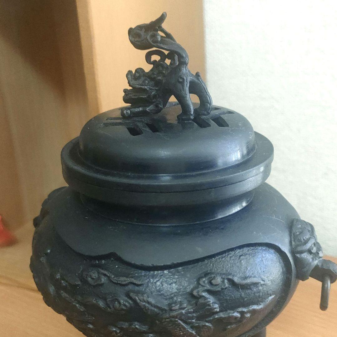 未使用〉伝統工芸品 香炉 三足 高岡 銅器 獅子蓋 お香 木箱 香道具【K5