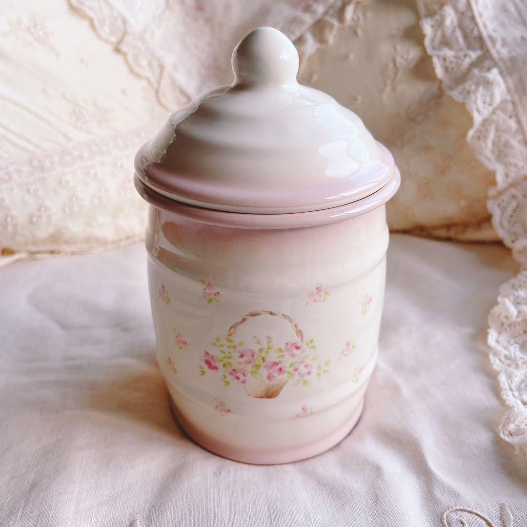 お値下げ♡イマン♡ローズバスケットホーローキャニスターマニーローズアンティーク ♡イマン♡エマ小物入れ陶器マニーローズバスケットフレンチカントリー